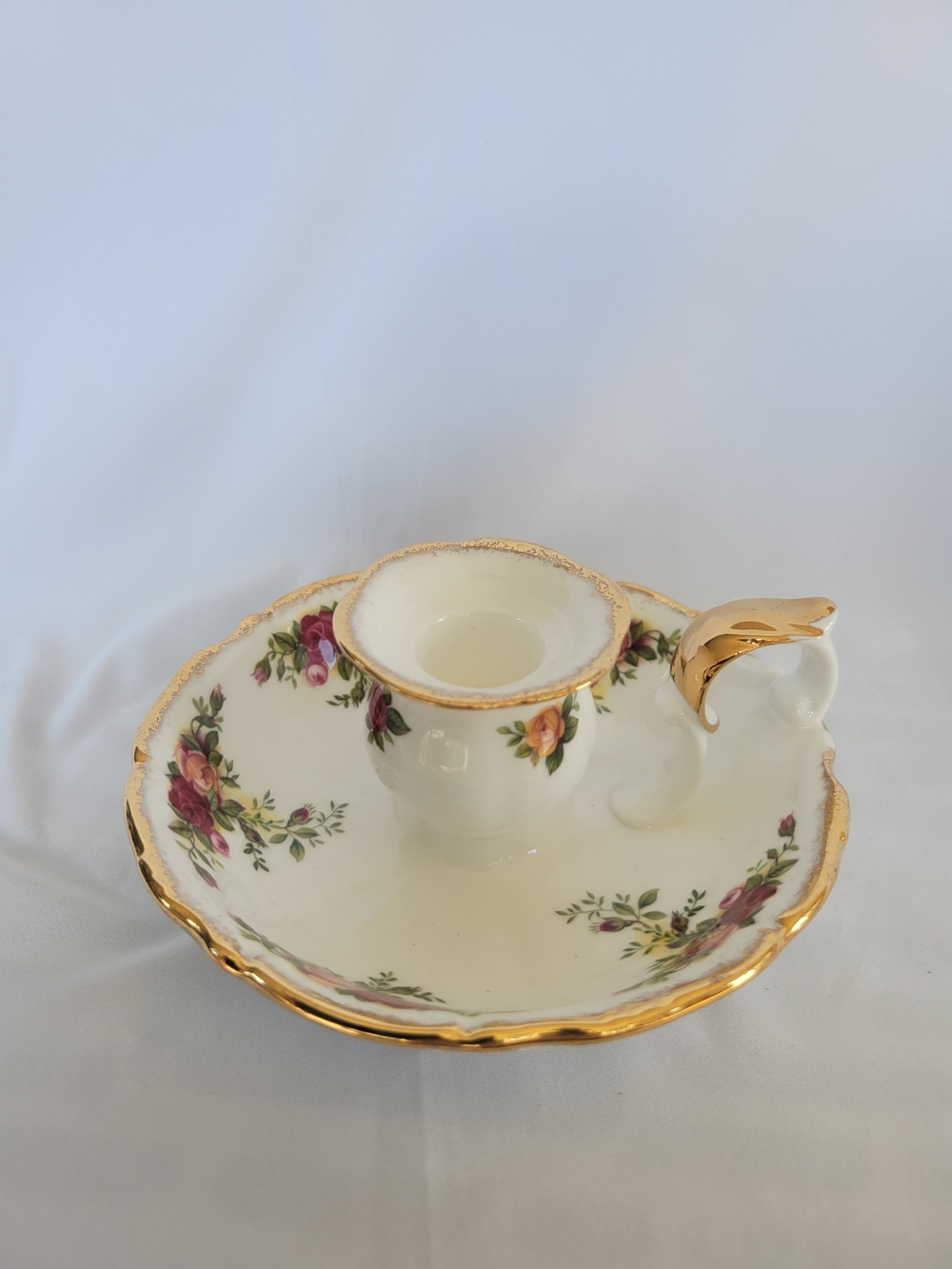 Floral Gold-Trim Porcelain Chamberstick Candle Holder